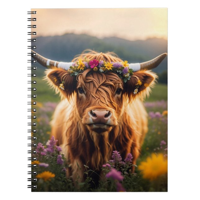 Highland Cow With Colourful Flower Crown Notebook (Front)
