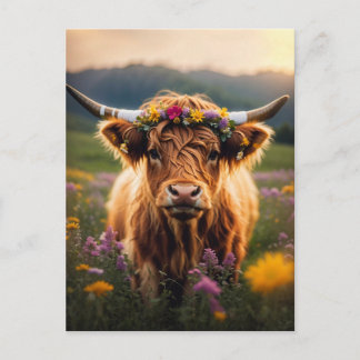Highland Cow With Colourful Flower Crown Postcard