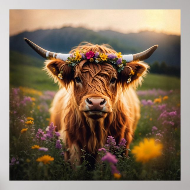 Highland Cow With Colourful Flower Crown Poster (Front)