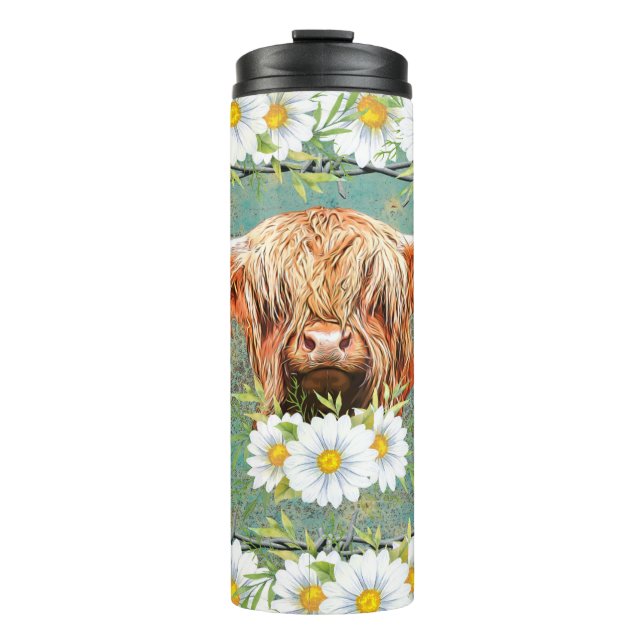 Highland Cow With Daisies On Rustic Background Thermal Tumbler (Front)