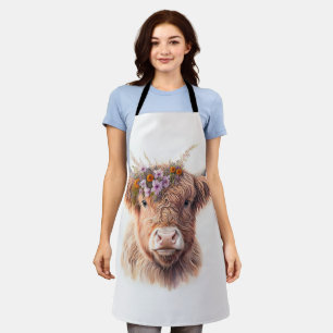 Highland Cow with Floral Crown Watercolor Illustra Apron