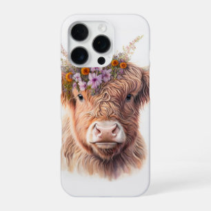Highland Cow with Floral Crown Watercolor Illustra iPhone 16 Pro Case