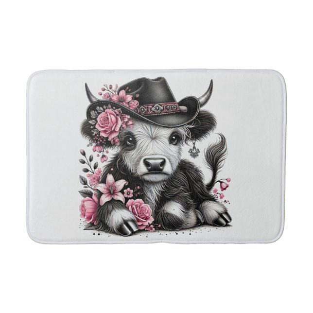 Highland Cow With Floral Hat Bath Mat (Front)