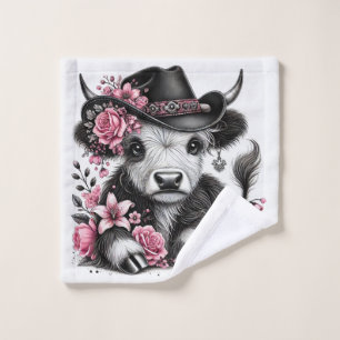 Highland Cow With Floral Hat Bath Towel Set