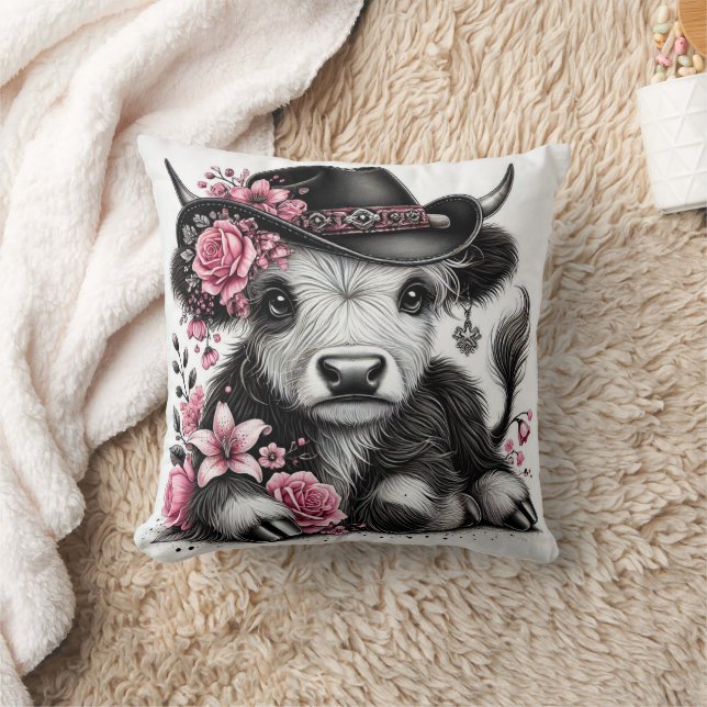 Highland Cow With Floral Hat Cushion (Blanket)