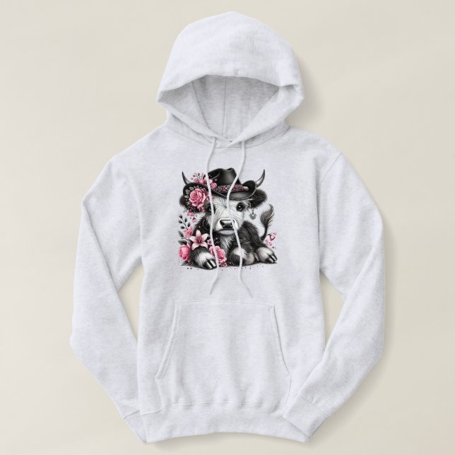 Highland Cow With Floral Hat Hoodie (Design Front)