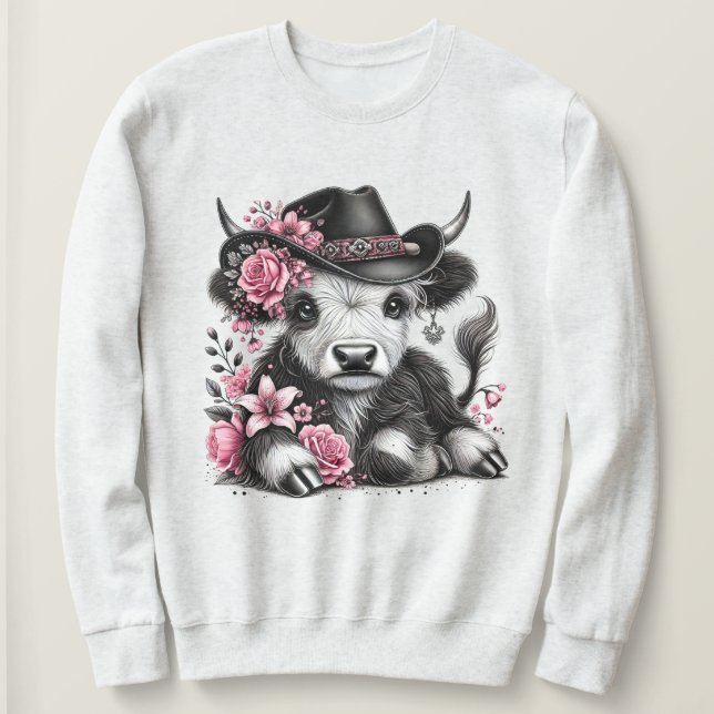Highland Cow With Floral Hat Sweatshirt (Design Front)