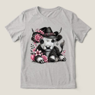 Highland Cow With Floral Hat  Tri-Blend Shirt