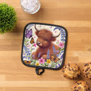 Highland Cow with Flowers and Butterflies Pot Holder