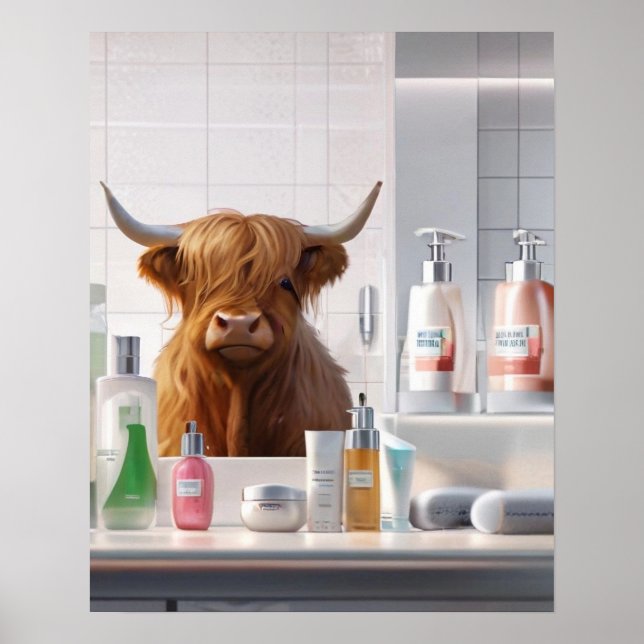  Highland Cow with Hair Care Products Fun Bathroom Poster (Front)