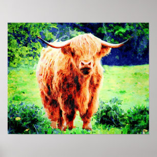 Highland Cow with Horns Watercolour Art Painting Poster