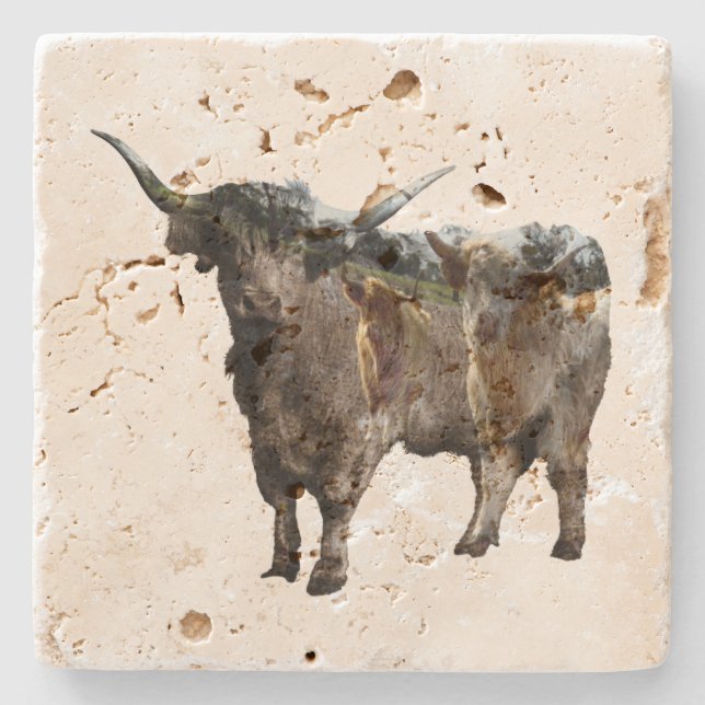 Highland Cow With Inverted Cows Image, Stone Coaster (Front)