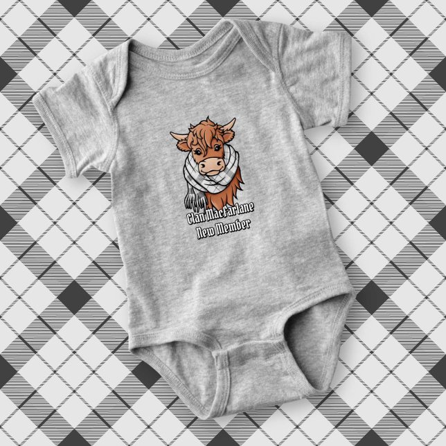 Highland Cow with MacFarlane Black and White Scarf Baby Bodysuit (Creator Uploaded)