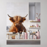 Highland Cow with Pink Beauty Products Bathroom