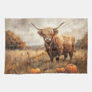 Highland Cow with Pumpkins Tea Towel