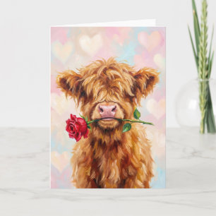Highland Cow with Rose - Cute Valentine Animal  Holiday Card