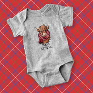 Highland Cow with Rose Tartan Scarf Baby Bodysuit