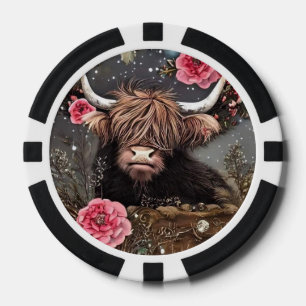 Highland Cow with Roses Poker Chips