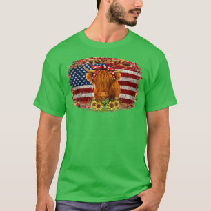 Highland Cow With Sunflower Usa Flag Patriotic Far T-Shirt