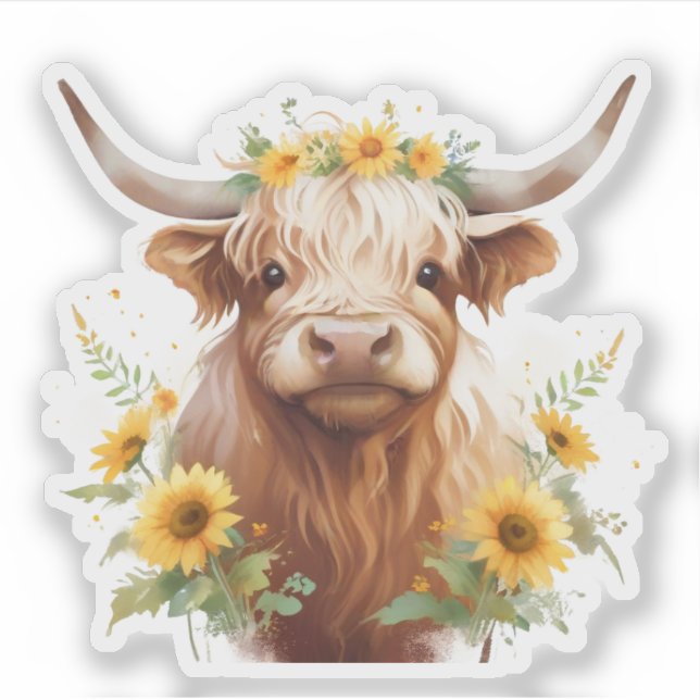 Highland Cow with Yellow Sunflower Flower Crown (Front)