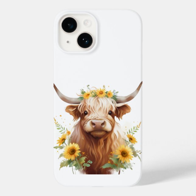 Highland Cow with Yellow Sunflower Flower Crown Case-Mate iPhone Case (Back)