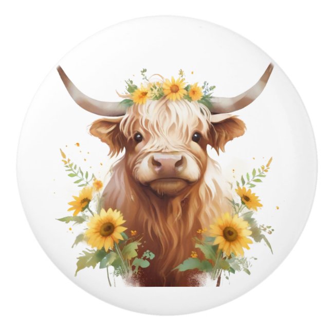 Highland Cow with Yellow Sunflower Flower Crown Ceramic Knob (Front)