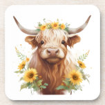 Highland Cow with Yellow Sunflower Flower Crown Coaster<br><div class="desc">cute pretty highland cow, yellow sunflower flower crown, sunflowers on horned head, flowers and bull horns, watercolor art painting illustration, beautiful scottish cattle ranch, wild nature meadow field, summer farm spring vibe, cowgirl farmer, flowery shaggy sweet adorable</div>