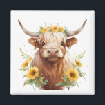 Highland Cow with Yellow Sunflower Flower Crown Magnet<br><div class="desc">cute pretty highland cow, yellow sunflower flower crown, sunflowers on horned head, flowers and bull horns, watercolor art painting illustration, beautiful scottish cattle ranch, wild nature meadow field, summer farm spring vibe, cowgirl farmer, flowery shaggy sweet adorable</div>