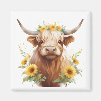 Highland Cow with Yellow Sunflower Flower Crown Magnet