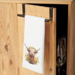 Highland Cow with Yellow Sunflower Flower Crown Tea Towel<br><div class="desc">cute pretty highland cow, yellow sunflower flower crown, sunflowers on horned head, flowers and bull horns, watercolor art painting illustration, beautiful scottish cattle ranch, wild nature meadow field, summer farm spring vibe, cowgirl farmer, flowery shaggy sweet adorable</div>