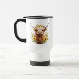 Highland Cow with Yellow Sunflower Flower Crown Travel Mug
