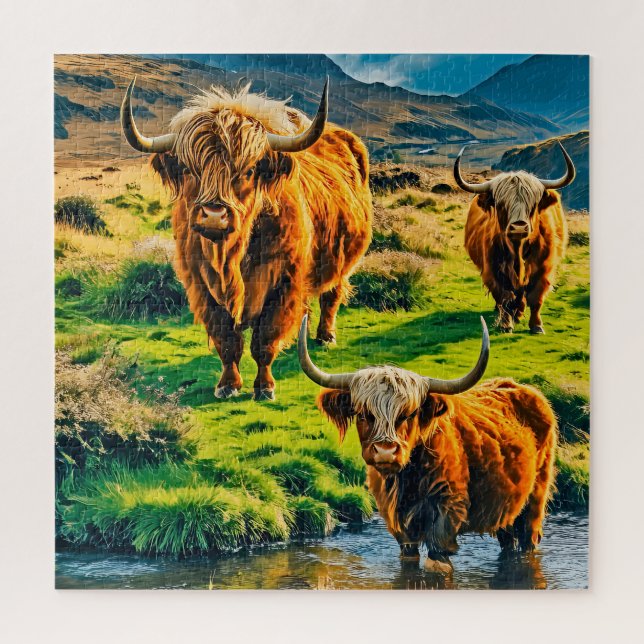Highland Cows in a Serene Landscape Jigsaw Puzzle (Vertical)