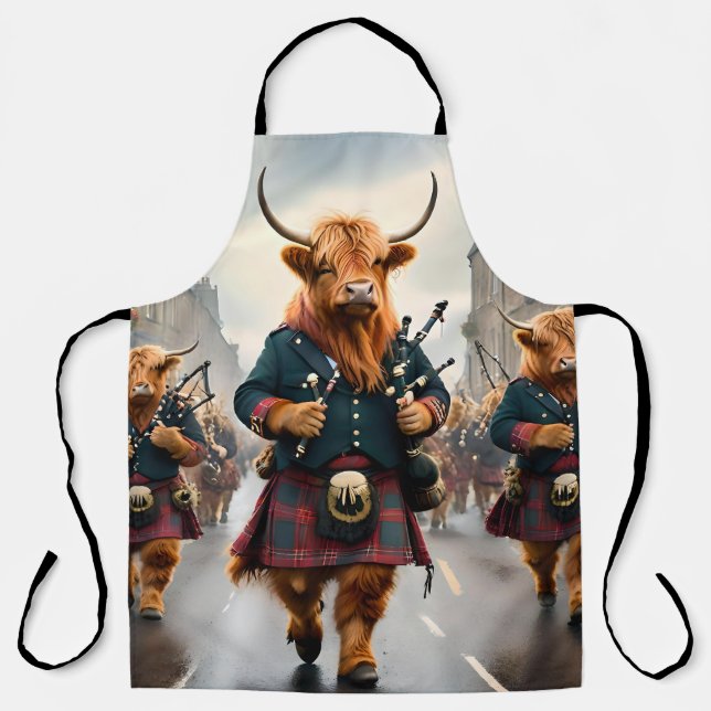 Highland Harmony:  Bagpipe Highland Cow Band  Apron (Front)