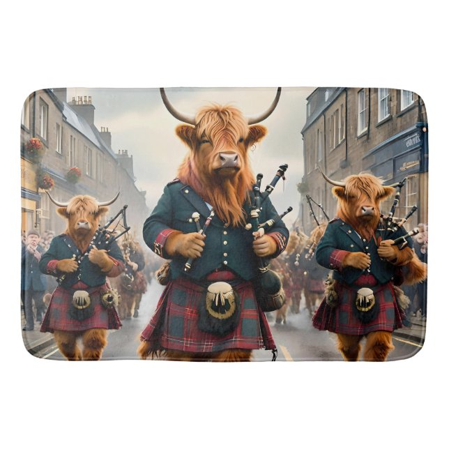 Highland Harmony:  Bagpipe Highland Cow Band  Bath Mat (Front)
