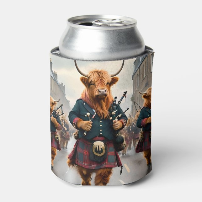 Highland Harmony:  Bagpipe Highland Cow Band  Can Cooler (Can Front)