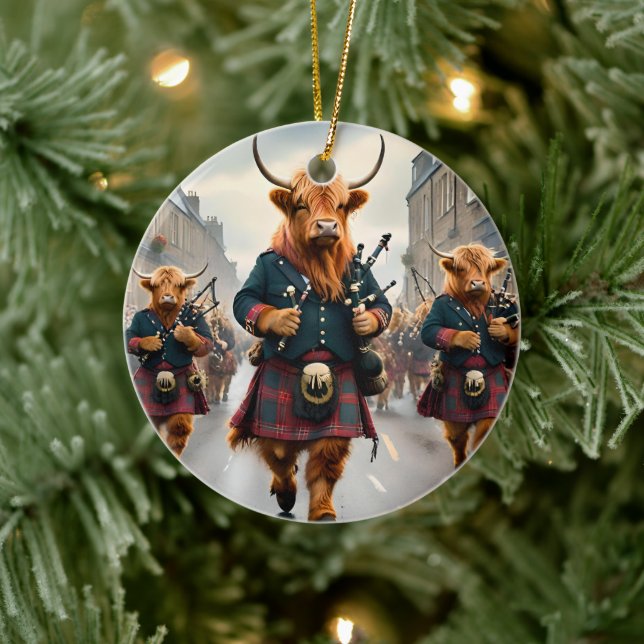 Highland Harmony:  Bagpipe Highland Cow Band  Ceramic Tree Decoration (Tree)