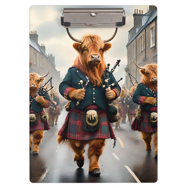 Highland Harmony:  Bagpipe Highland Cow Band  Clipboard (Front)