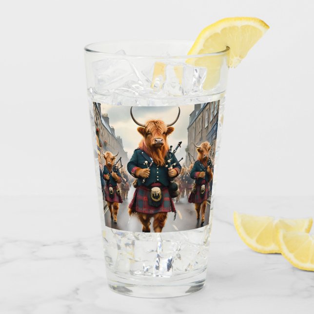 Highland Harmony:  Bagpipe Highland Cow Band  Glass (Back Ice)
