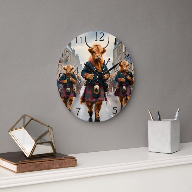Highland Harmony:  Bagpipe Highland Cow Band  Large Clock (Office)