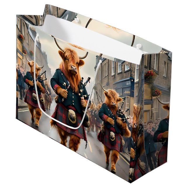 Highland Harmony:  Bagpipe Highland Cow Band  Large Gift Bag (Front Angled)