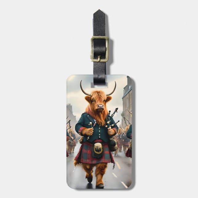 Highland Harmony:  Bagpipe Highland Cow Band  Luggage Tag (Front Vertical)