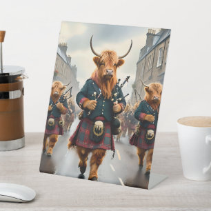 Highland Harmony: Bagpipe Highland Cow Band Pedestal Sign