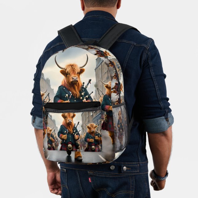 Highland Harmony:  Bagpipe Highland Cow Band  Printed Backpack (Insitu (Model))
