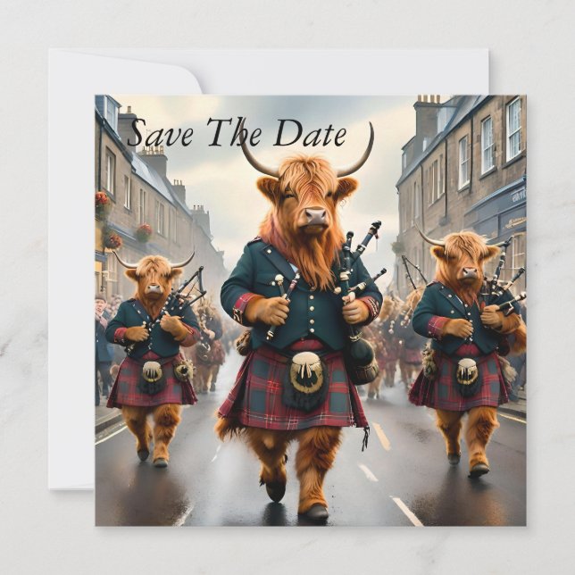 Highland Harmony:  Bagpipe Highland Cow Band  Save The Date (Front)