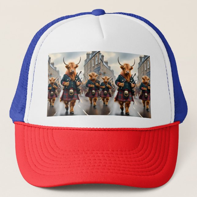 Highland Harmony:  Bagpipe Highland Cow Band  Trucker Hat (Front)