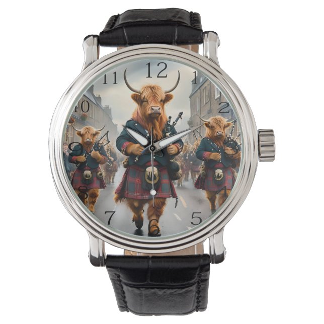 Highland Harmony:  Bagpipe Highland Cow Band  Watch (Front)