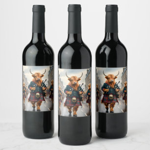 Highland Harmony: Bagpipe Highland Cow Band Wine Label