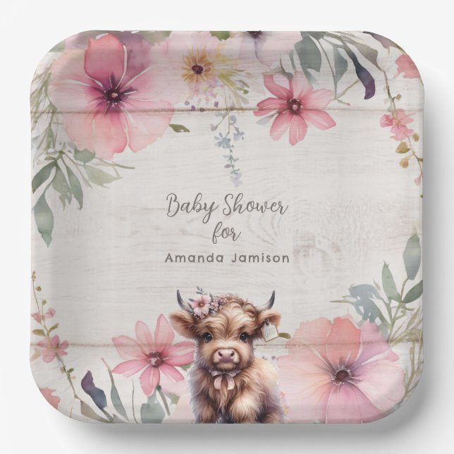 Highland Holy Cow Floral Adorable Baby Girl Shower Paper Plate (Front)