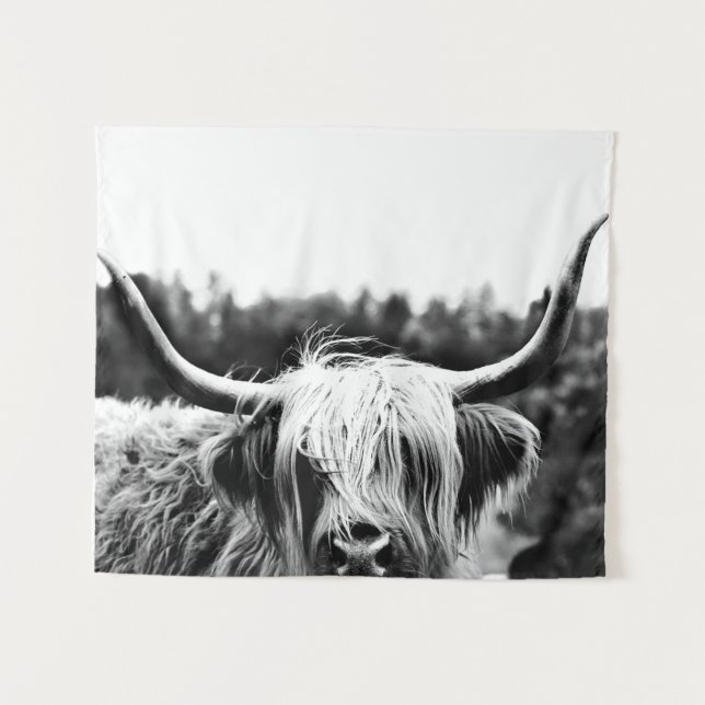 Highland Longhorn Cow Black and White Rustic Boho Tapestry (Front (Horizontal))