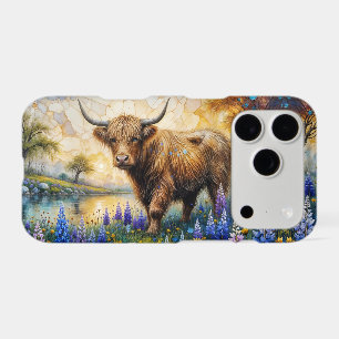 Highland/Longhorn cross Cow in Floral Landscape